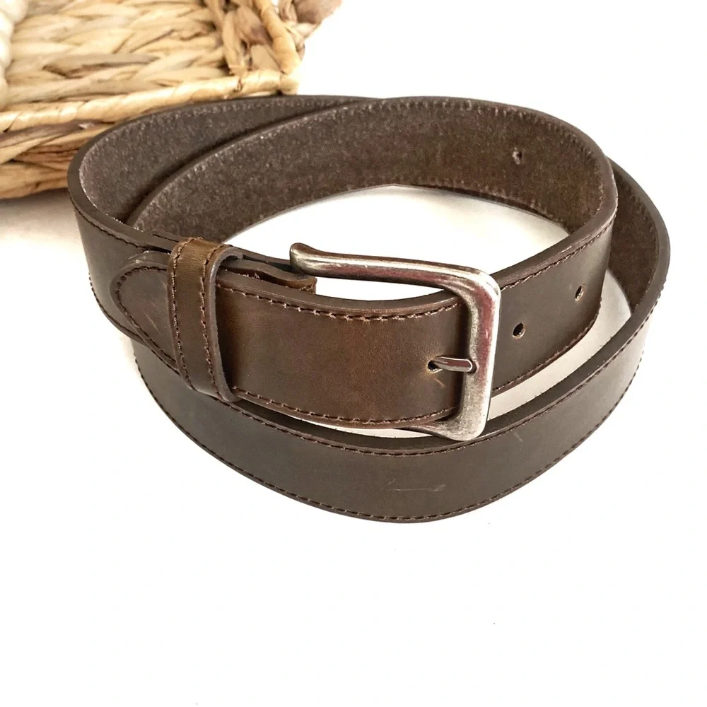 Men’s Brown Leather Belt Silver Buckle 38